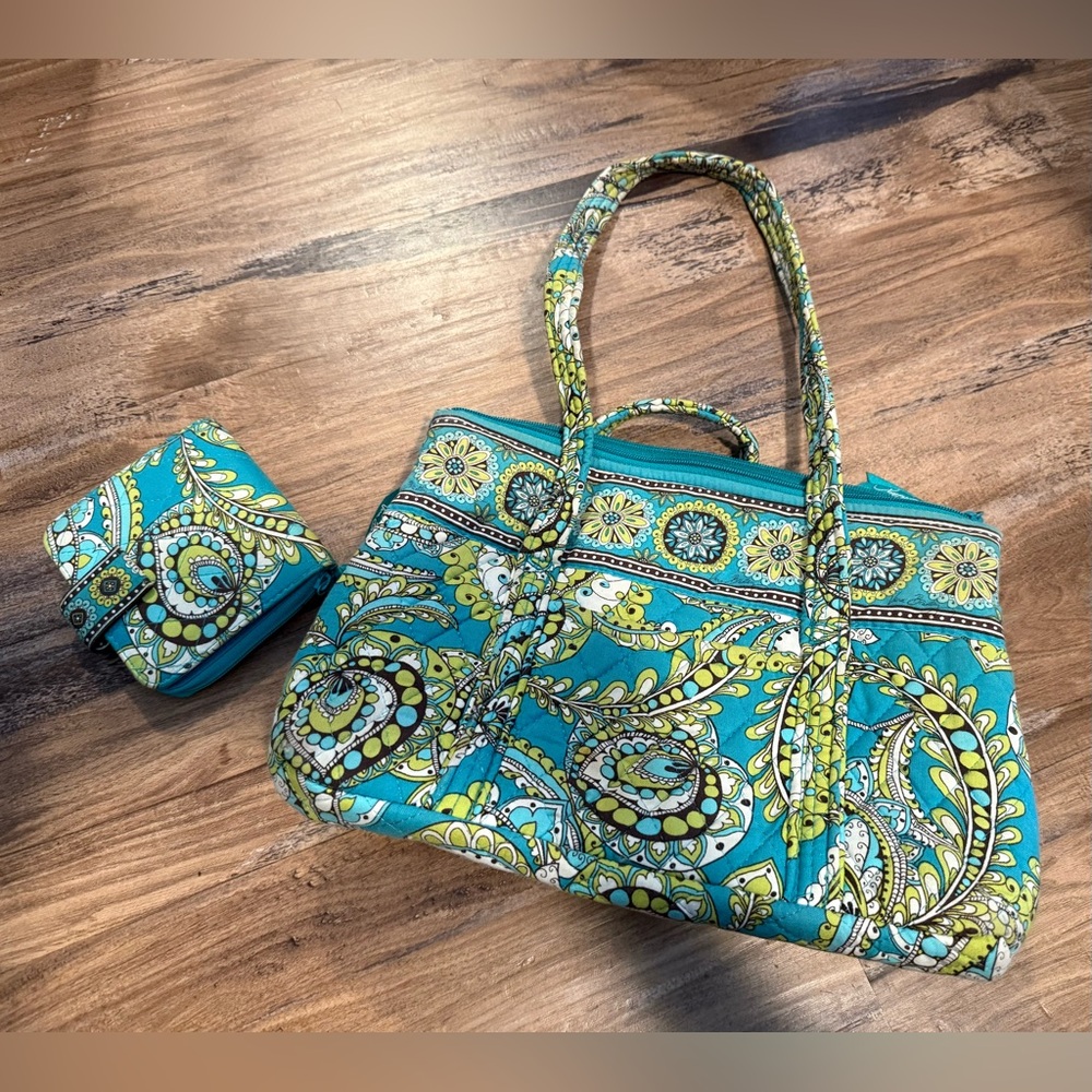 Vera Bradley Teal and Yellow Paisley Tote Purse and Wallet